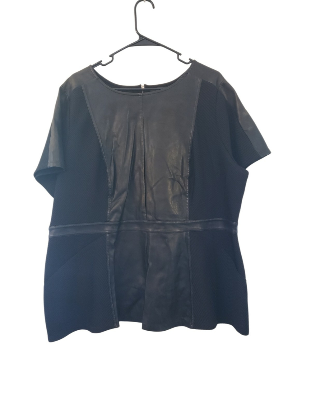Black Faux Leather Panel Short Sleeve Tunic Top